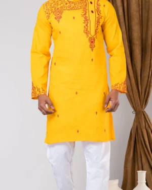 Yellow Cotton Panjabi with Alluring Embroidery